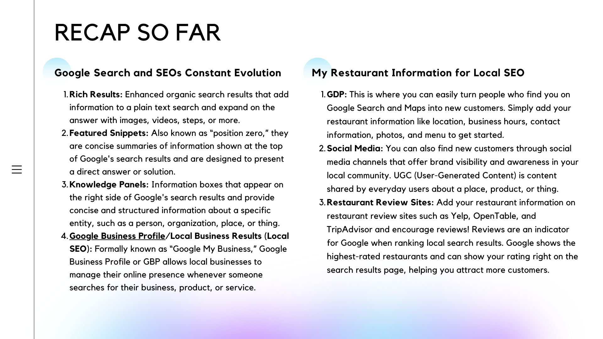 Restaurant SEO and Google Search recap image for Incentivio's Restaurant SEO blog.