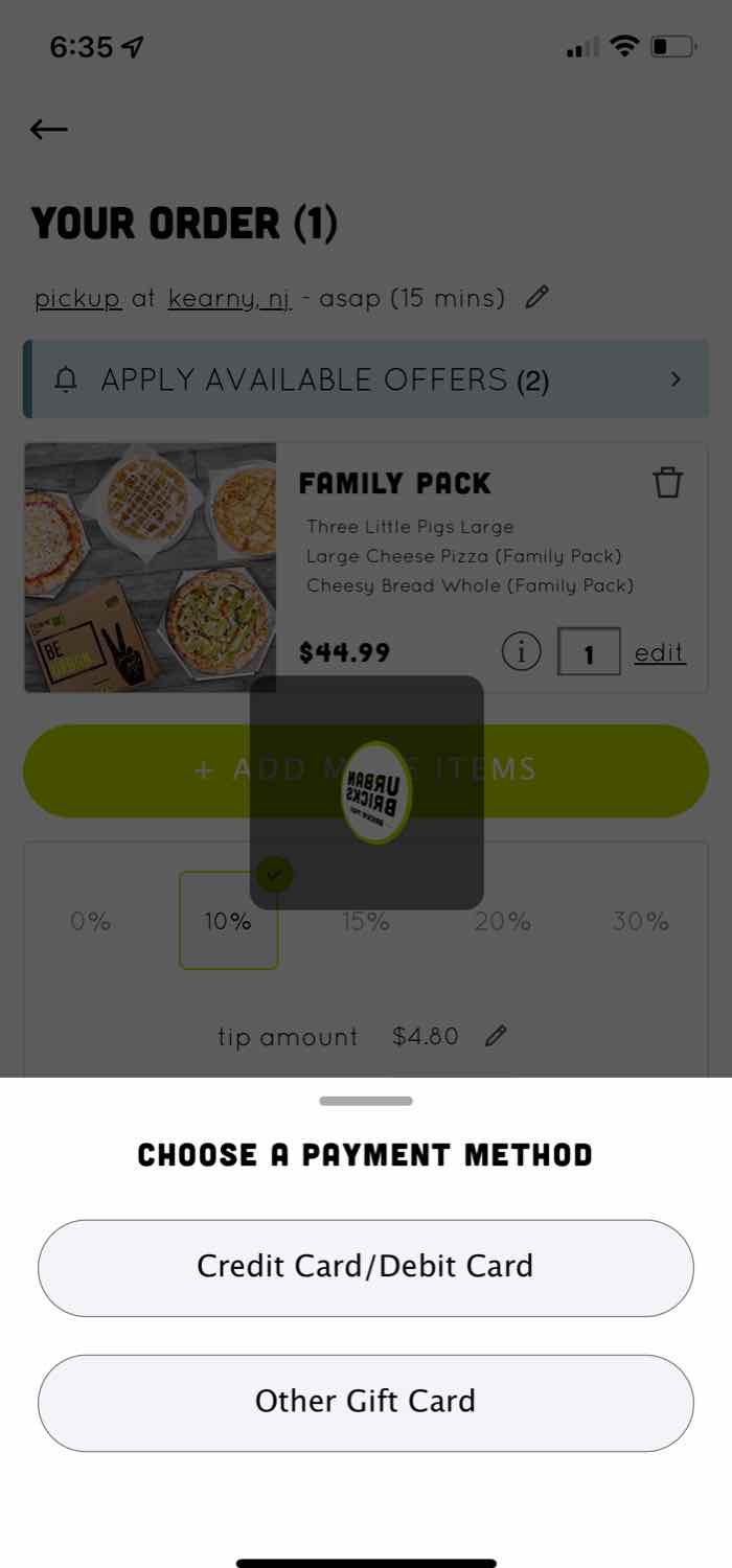Gift cards for restaurants screen in branded app